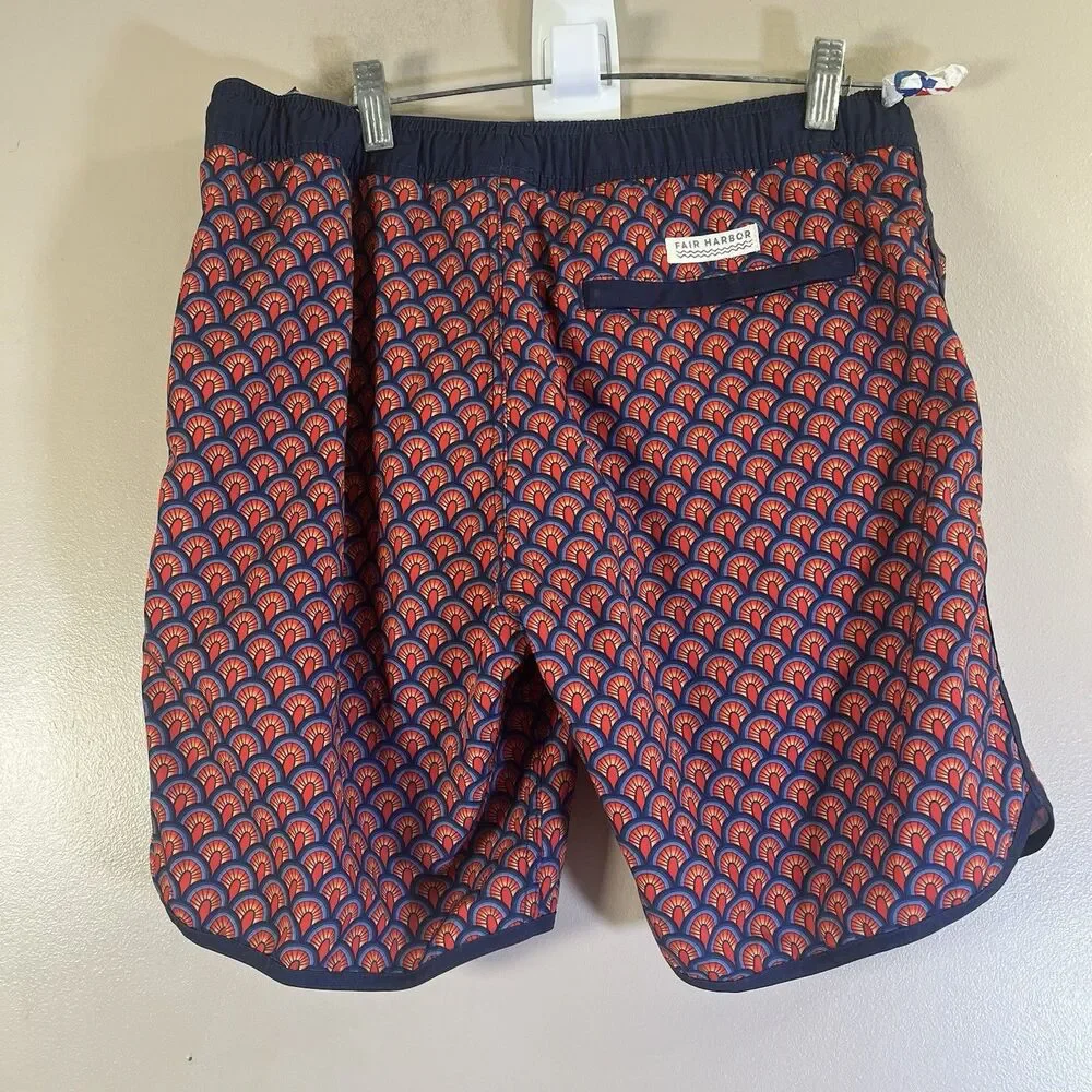 Fair Harbor Anchor Shorts Men’s Small Red Geometric Deco Lined Swim Trunks